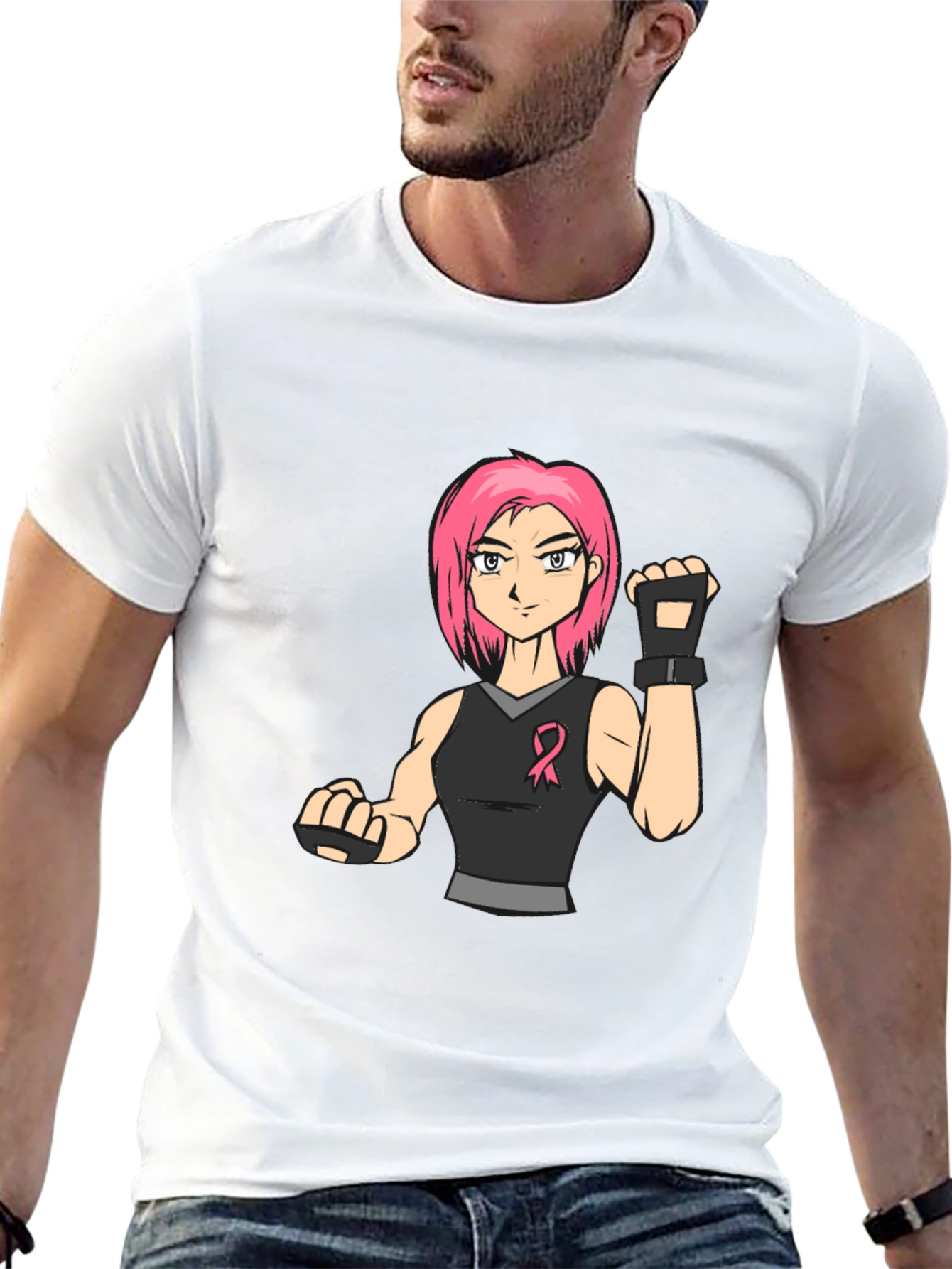 Pink Hair Manga Fighter Black T-Shirt