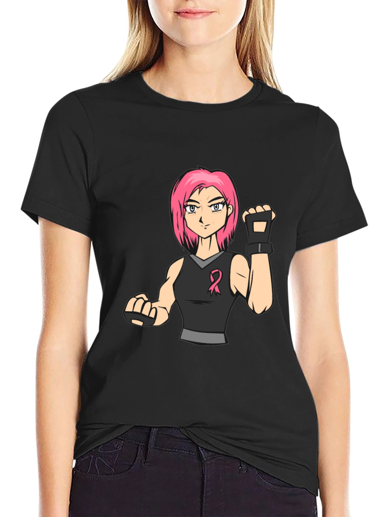 Pink Hair Manga Fighter Black T-Shirt