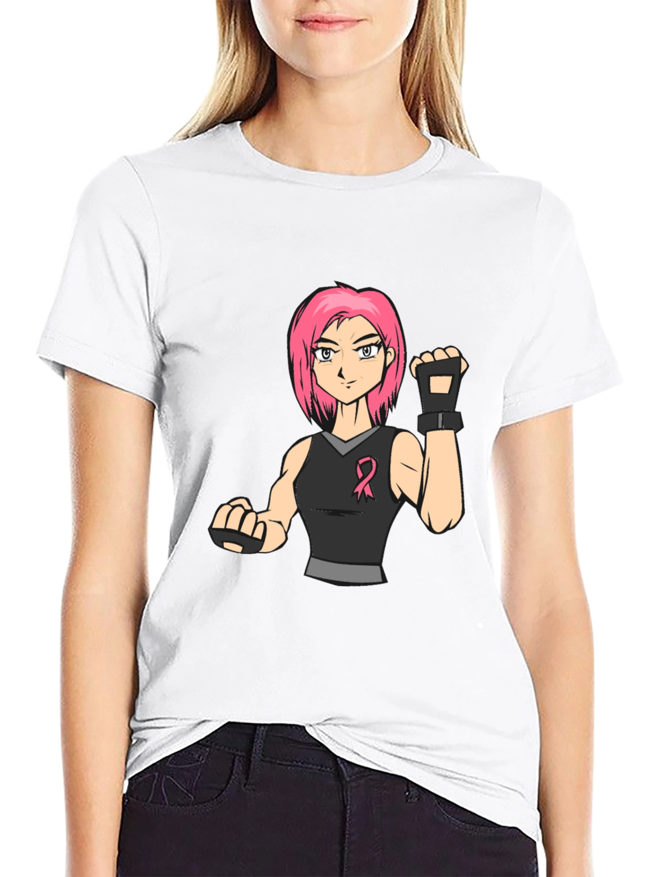 Pink Hair Manga Fighter Black T-Shirt