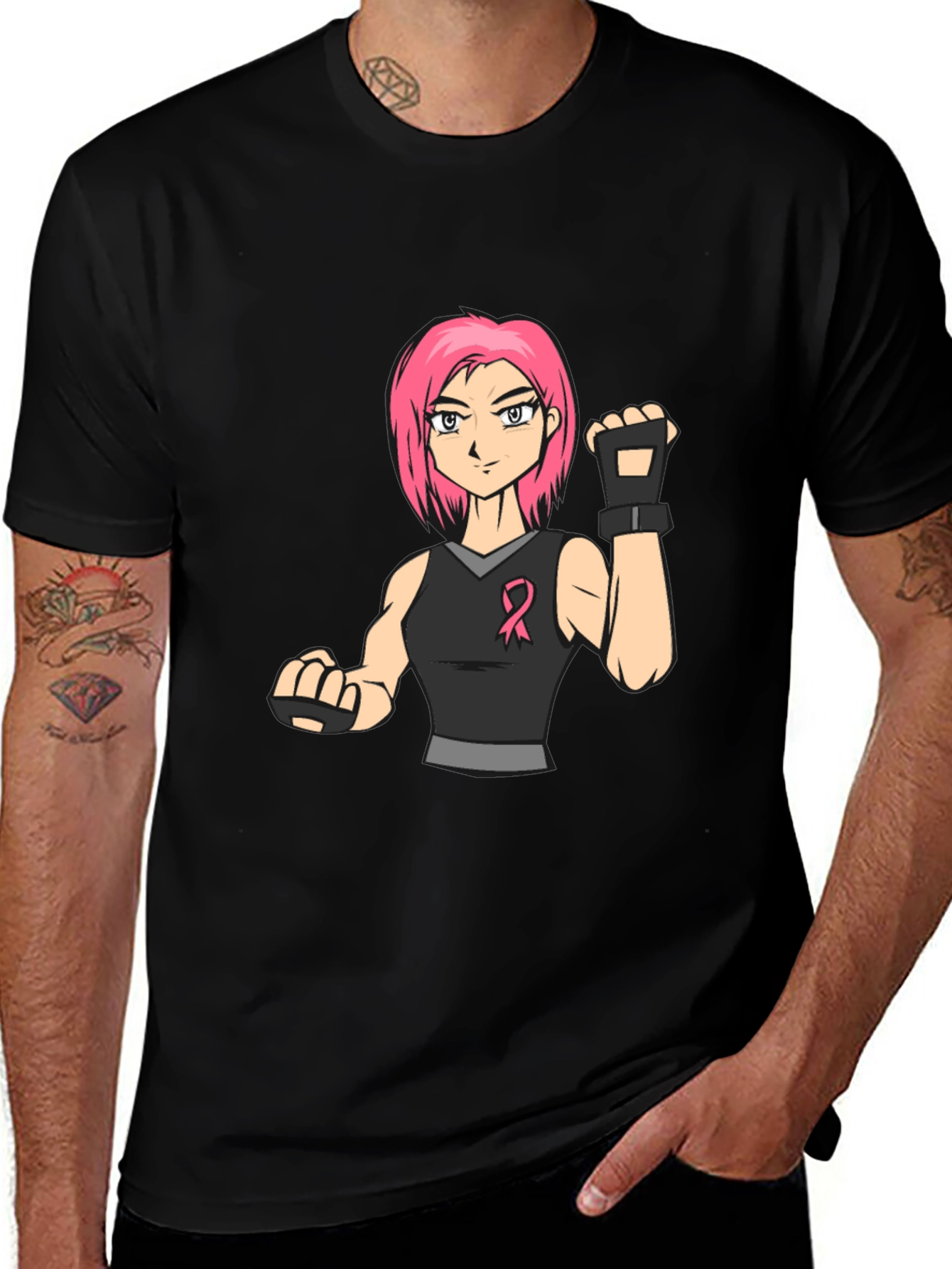 Pink Hair Manga Fighter Black T-Shirt