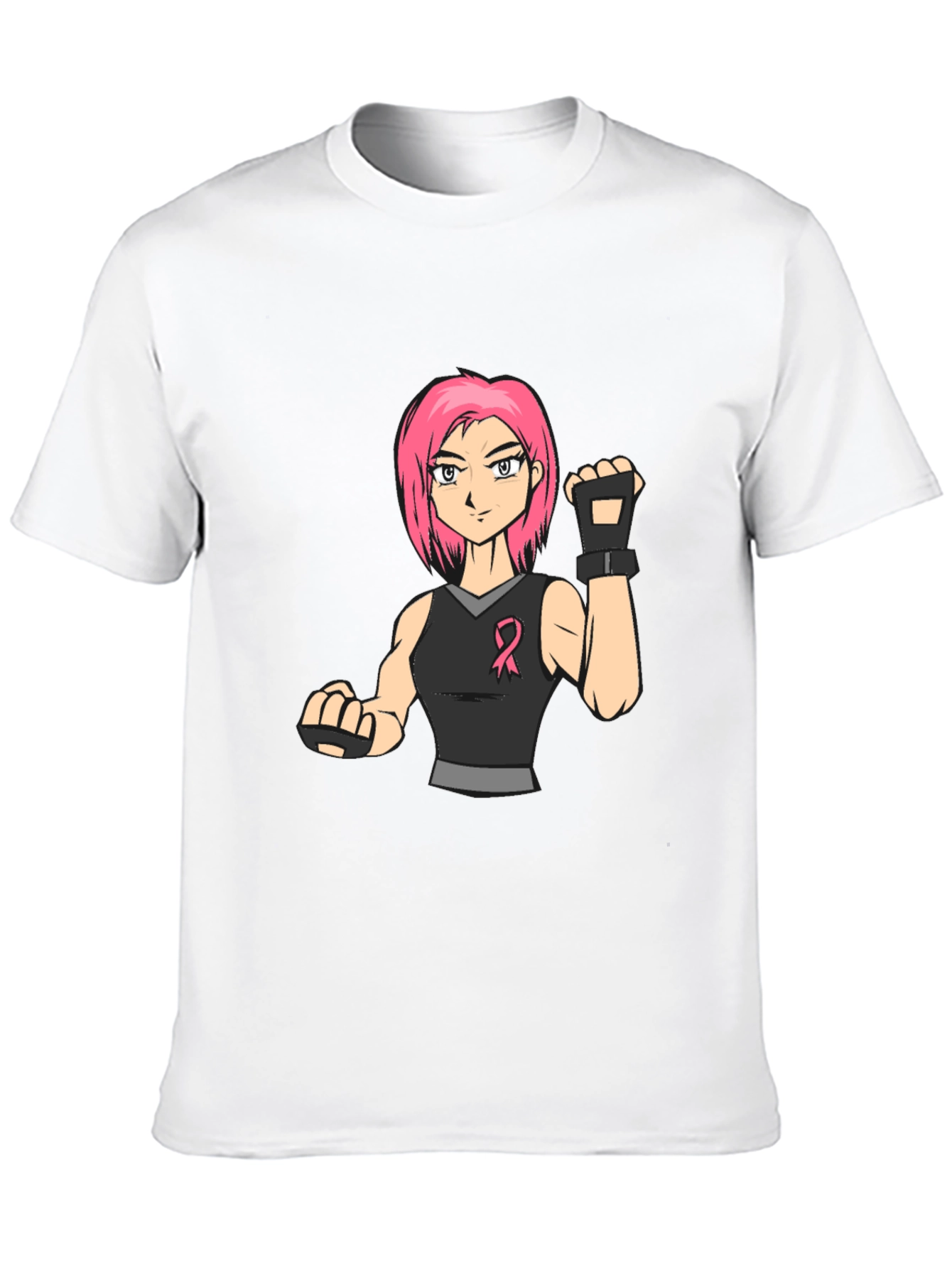 Pink Hair Manga Fighter Black T-Shirt