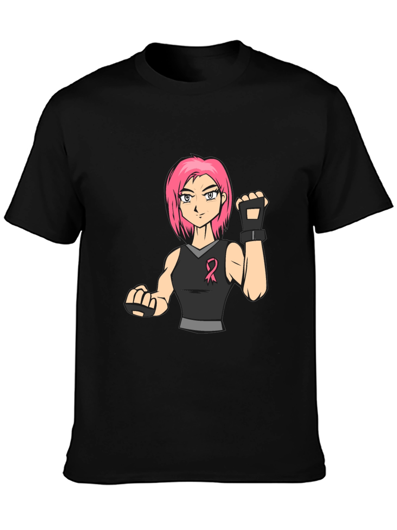 Pink Hair Manga Fighter Black T-Shirt