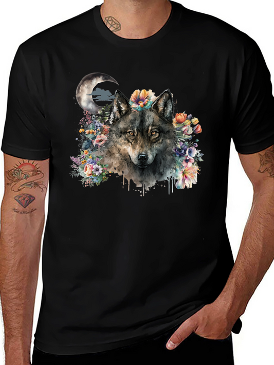 Wolf & Moon Floral Graphic Tee - Black Cotton T-Shirt