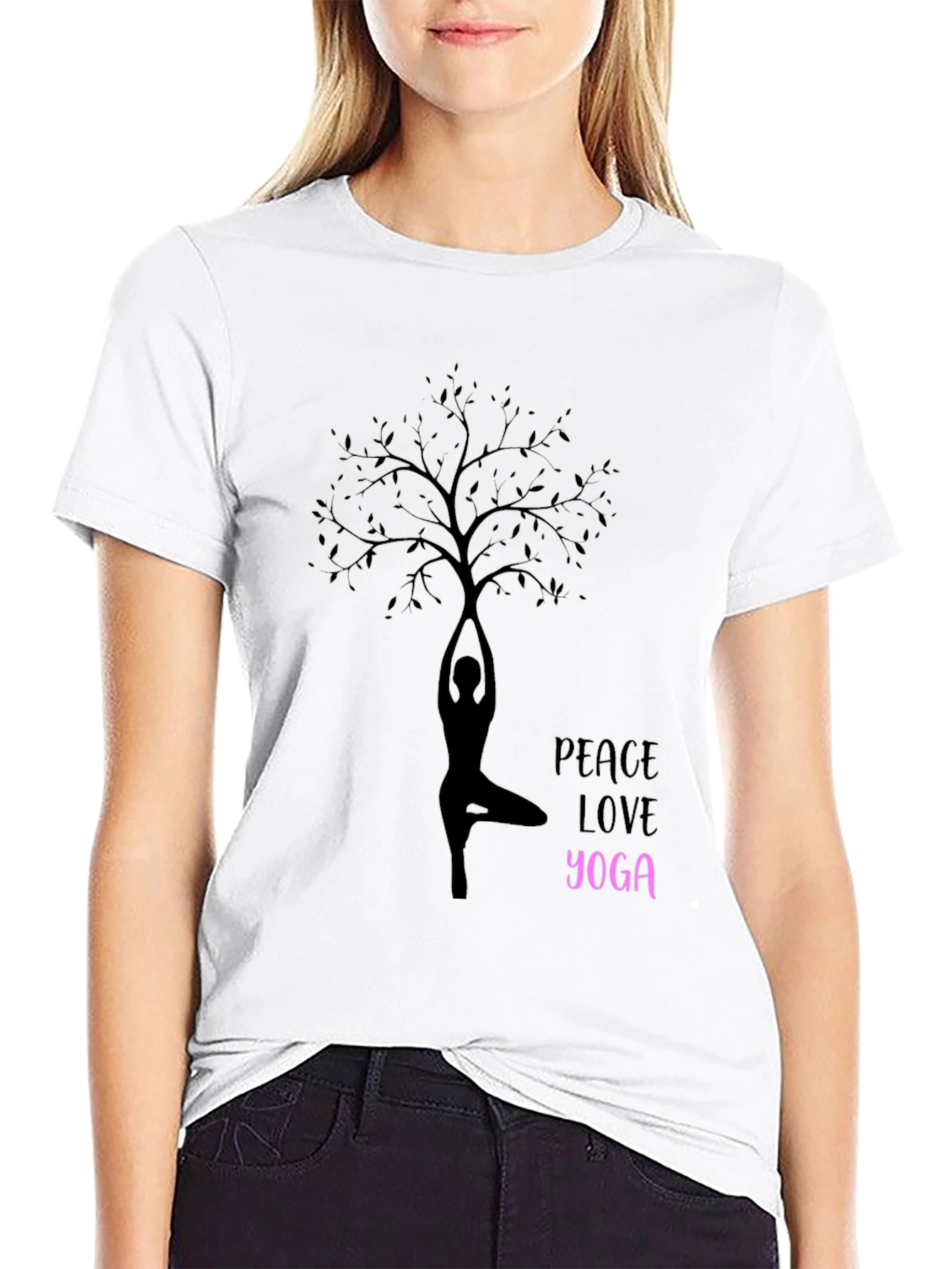 Peace Love Yoga Tree Silhouette Black T-Shirt