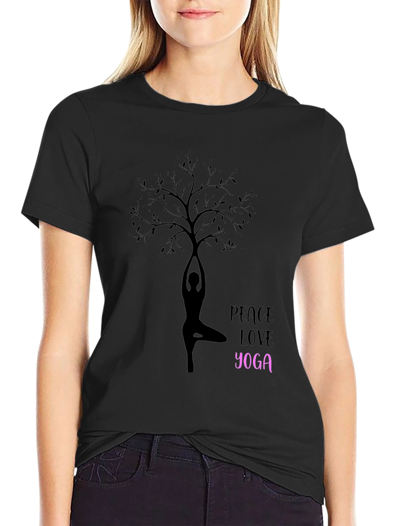 Peace Love Yoga Tree Silhouette Black T-Shirt