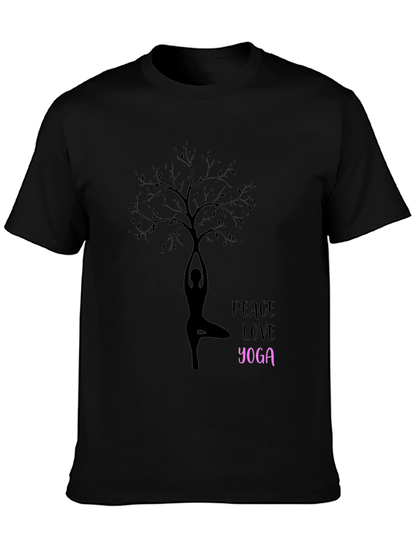 Peace Love Yoga Tree Silhouette Black T-Shirt