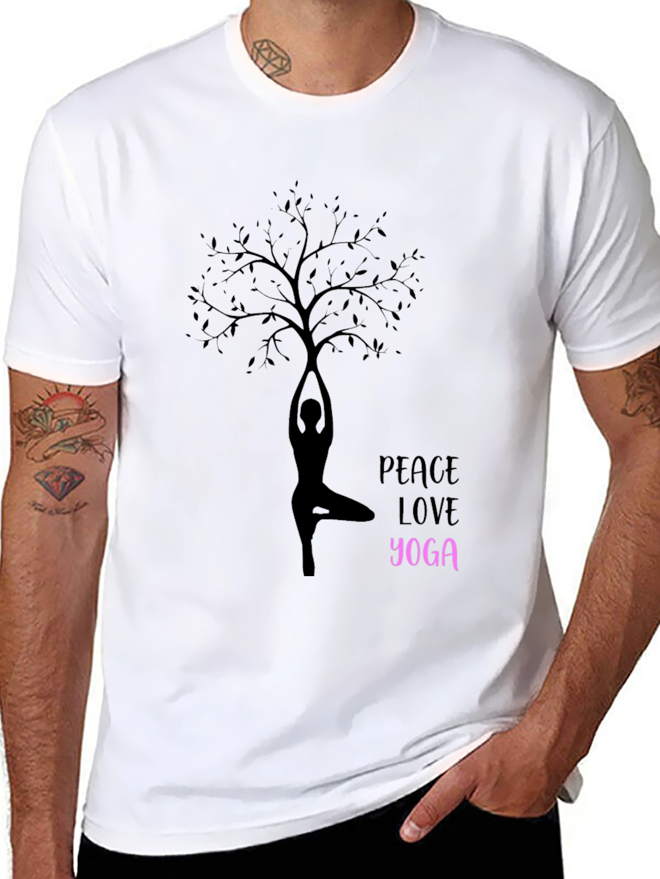 Peace Love Yoga Tree Silhouette Black T-Shirt