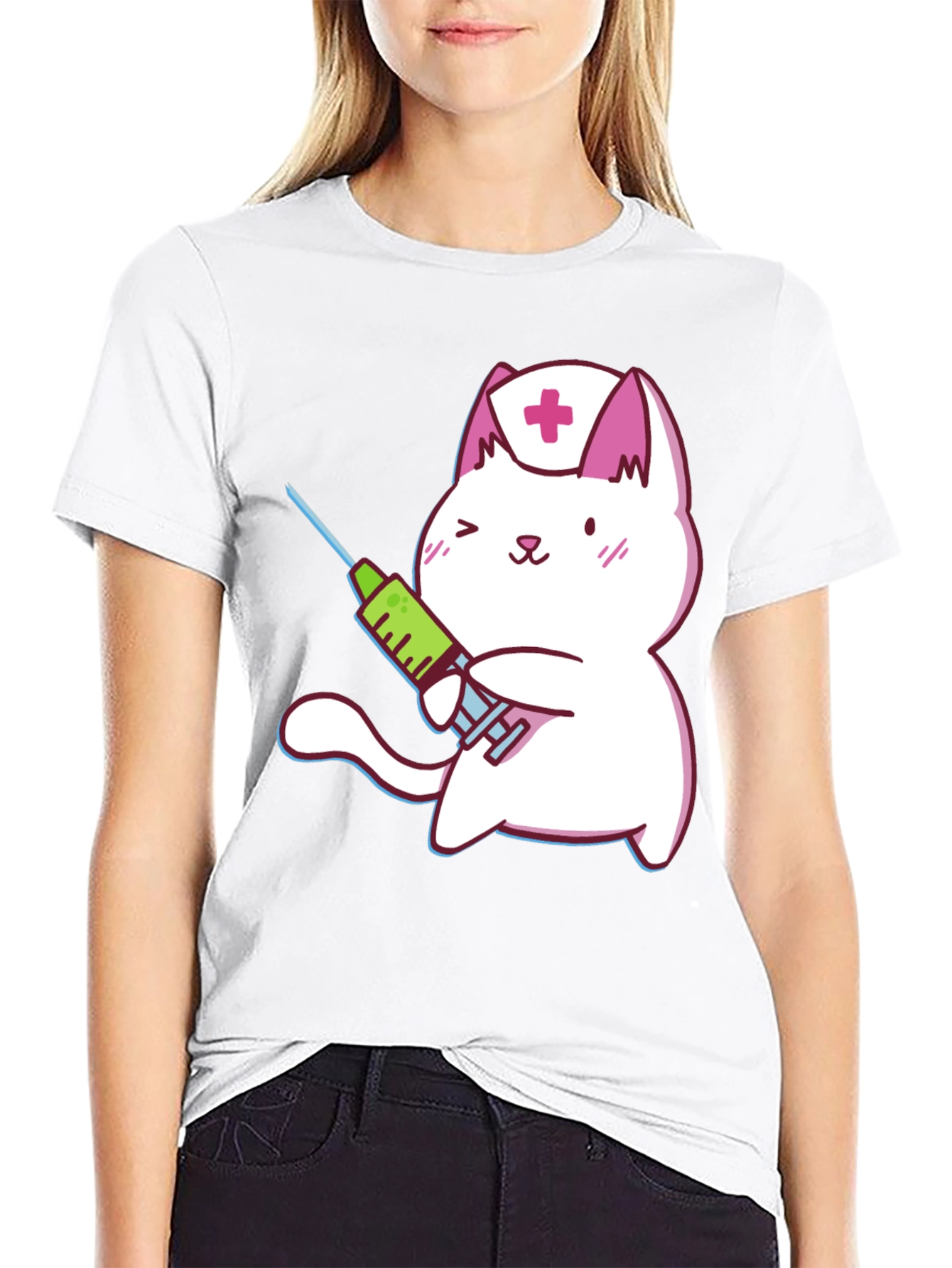 Cute Nurse Cat T-Shirt - Black Cotton Graphic Tee