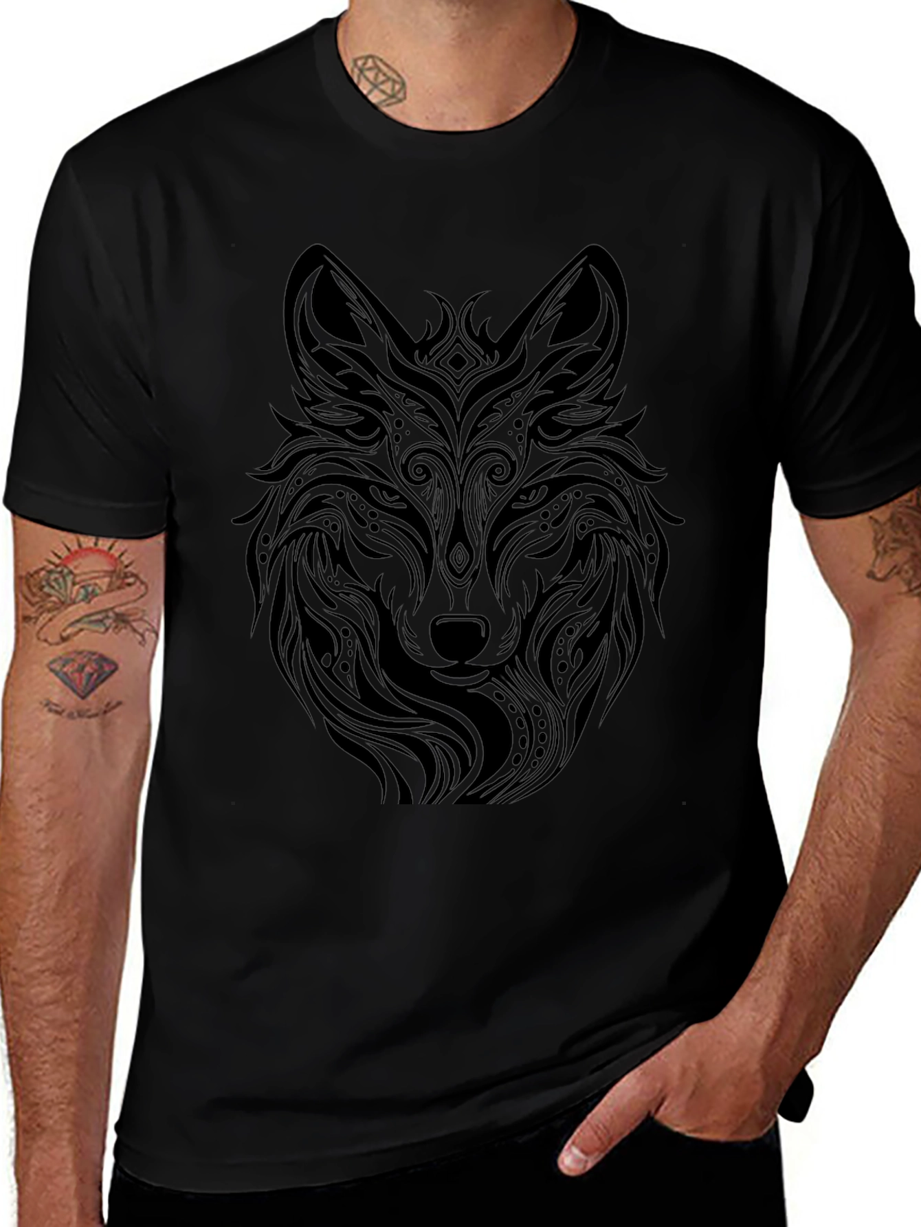 Tribal Wolf Graphic Black T-Shirt