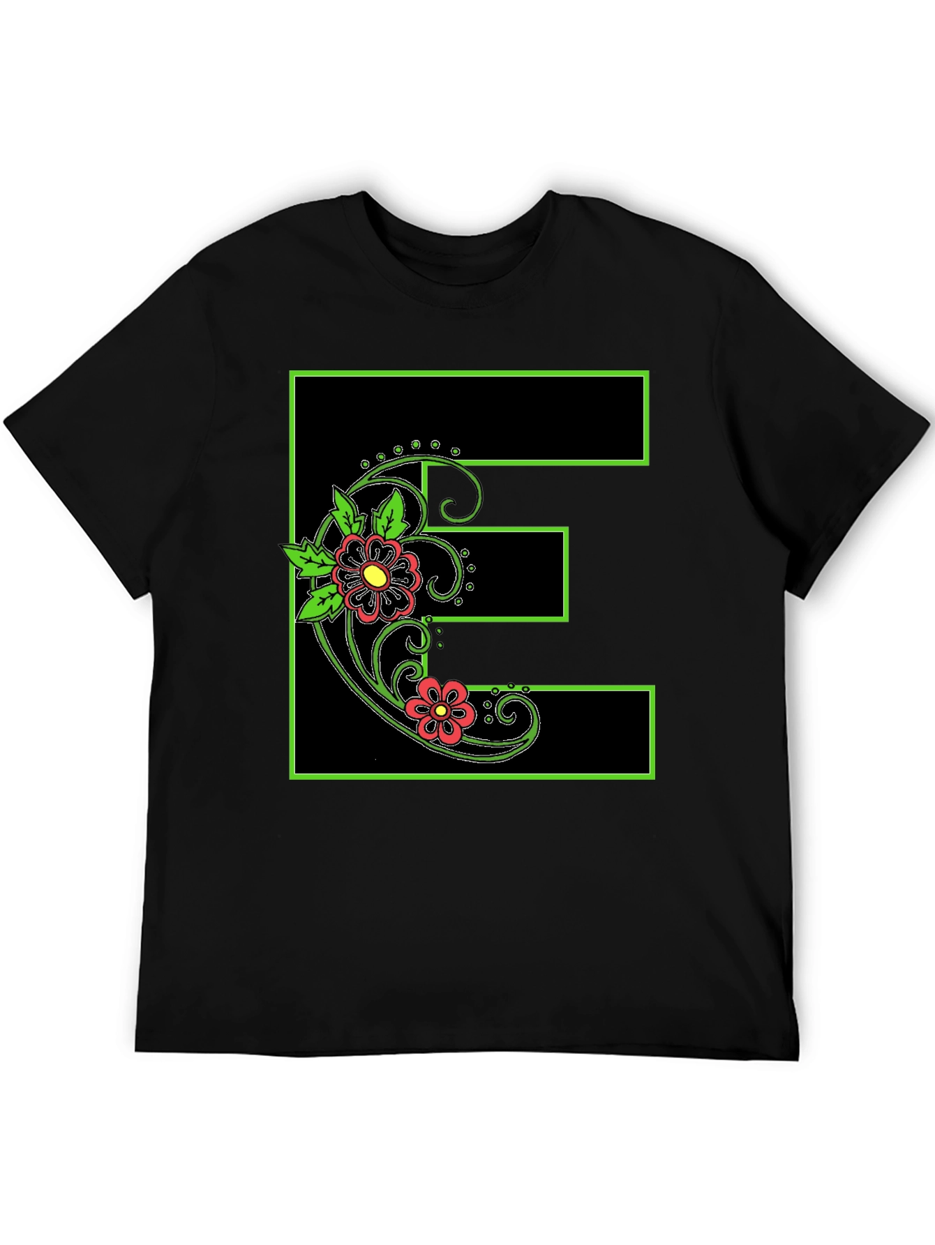 Floral E Black Tee - Stylish Initial Shirt
