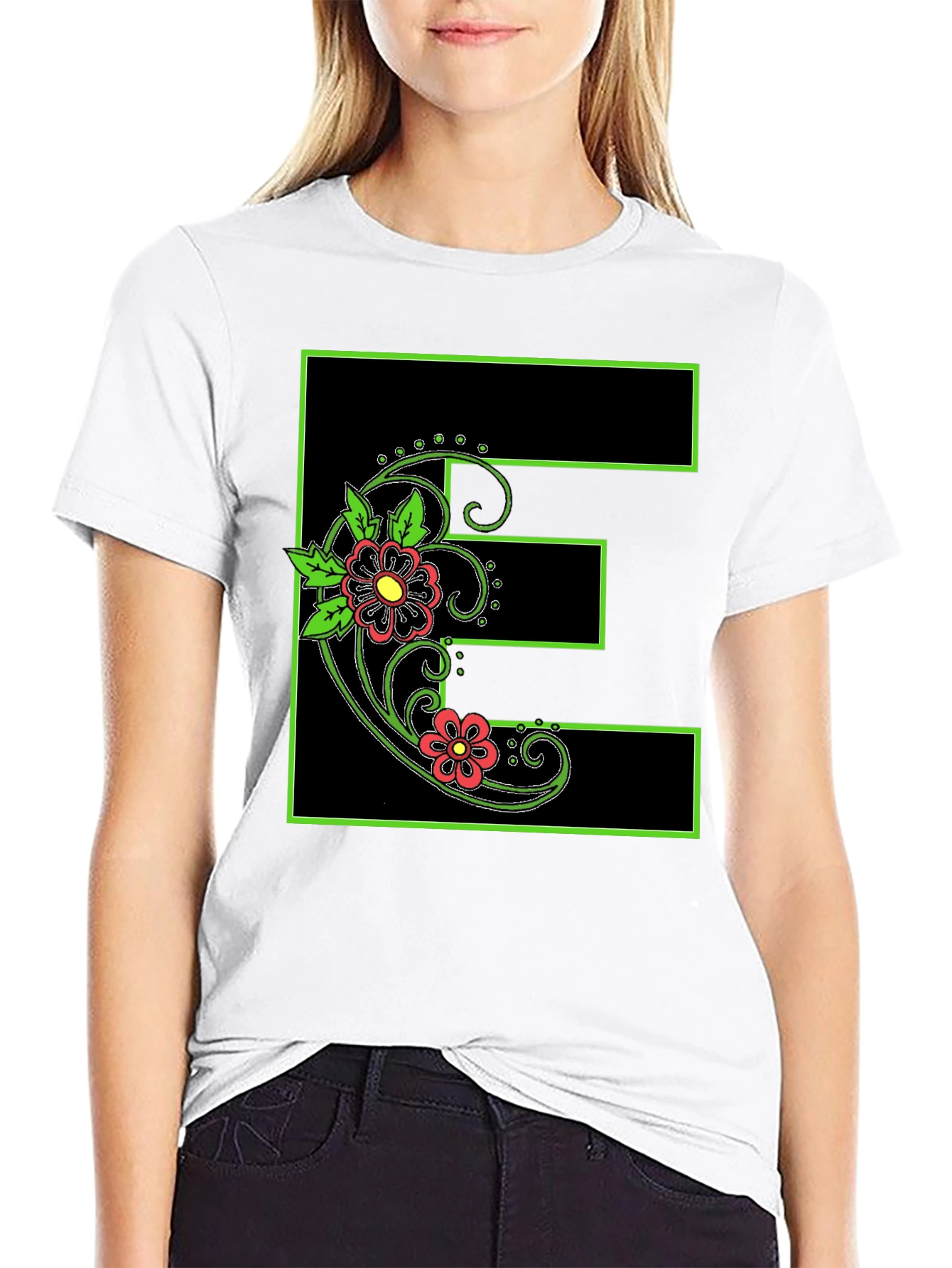 Floral E Black Tee - Stylish Initial Shirt
