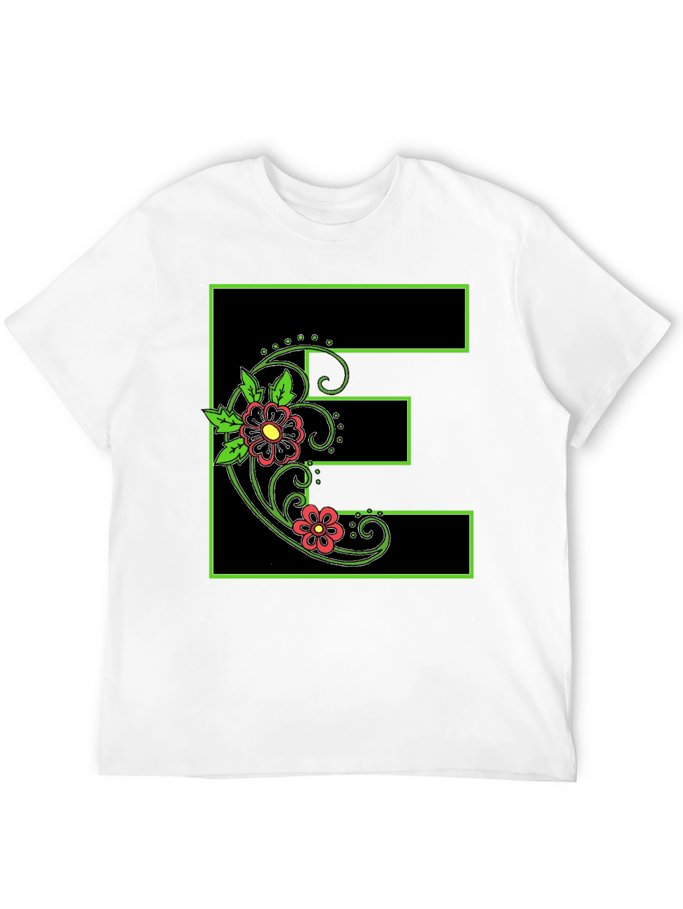 Floral E Black Tee - Stylish Initial Shirt