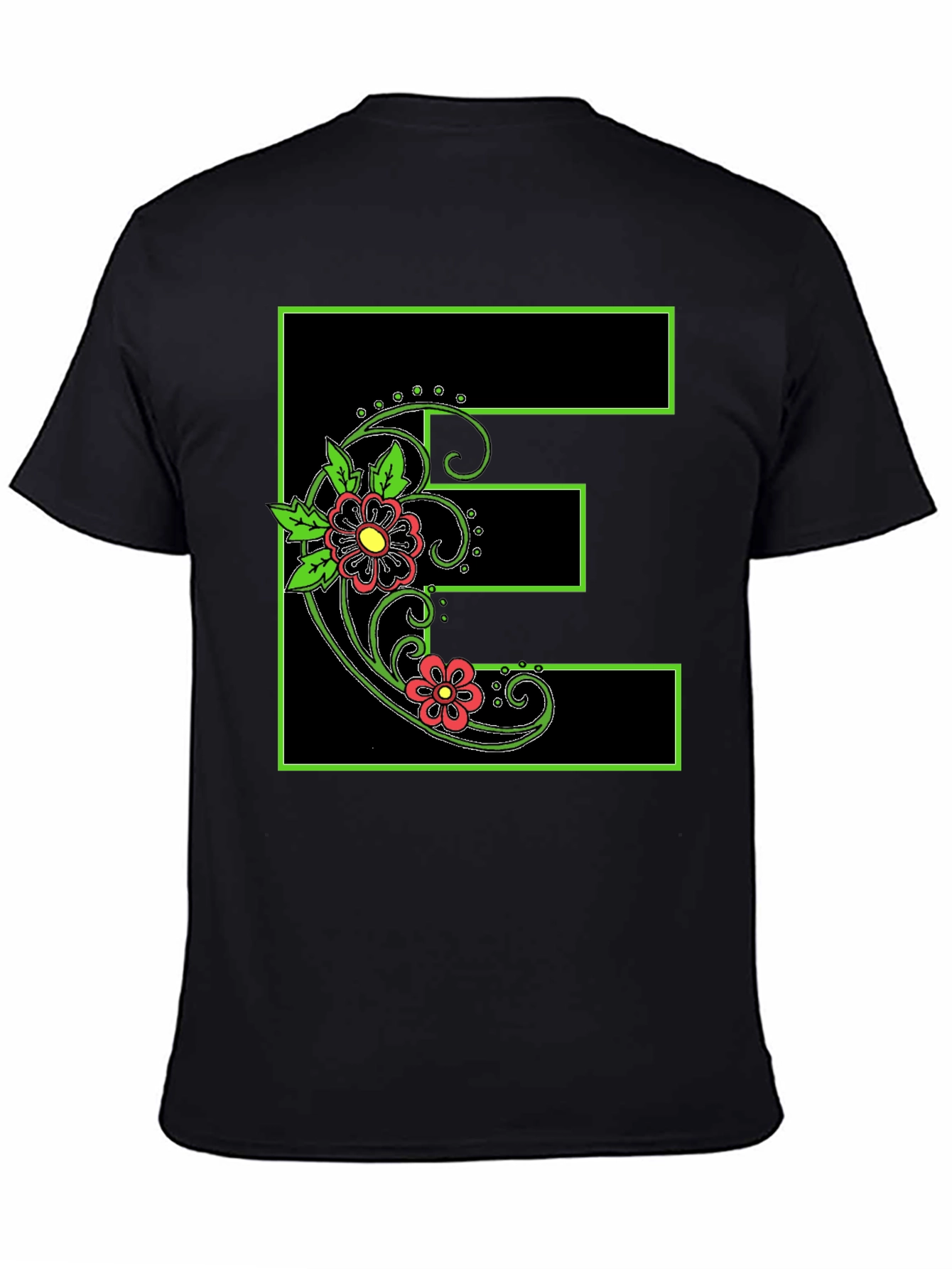 Floral E Black Tee - Stylish Initial Shirt