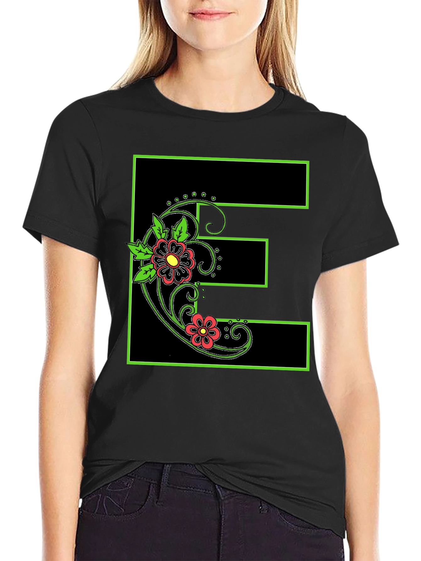 Floral E Black Tee - Stylish Initial Shirt