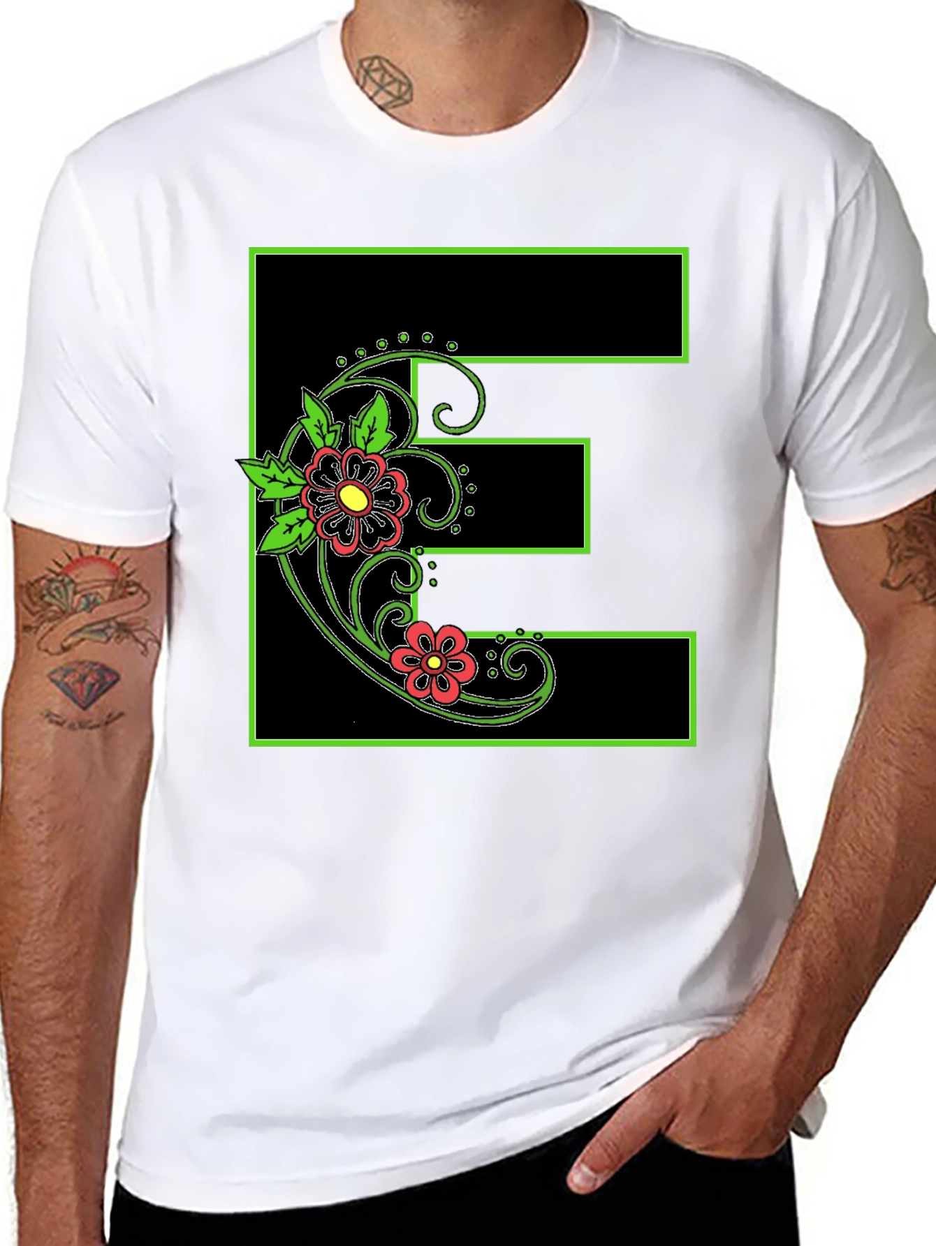 Floral E Black Tee - Stylish Initial Shirt