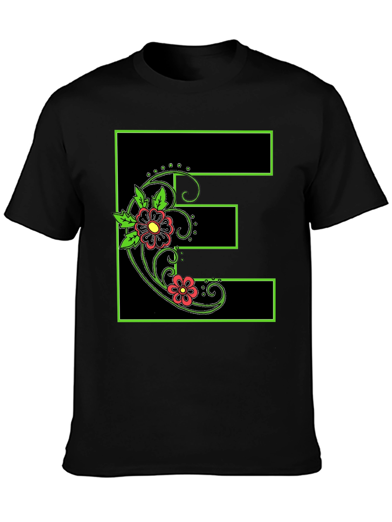 Floral E Black Tee - Stylish Initial Shirt