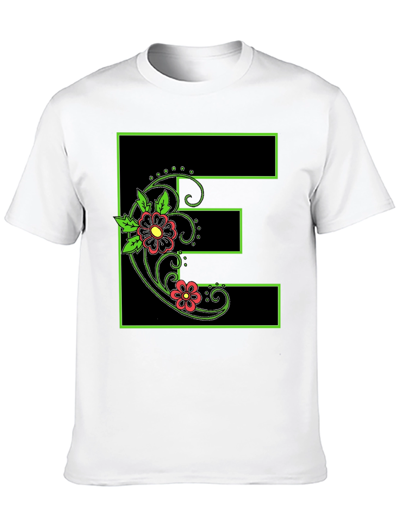 Floral E Black Tee - Stylish Initial Shirt