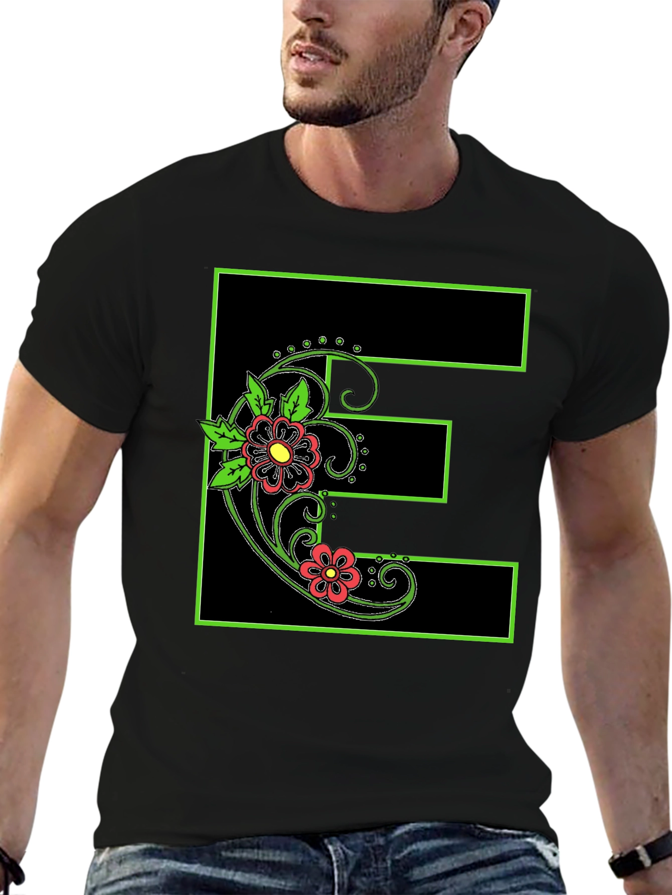 Floral E Black Tee - Stylish Initial Shirt