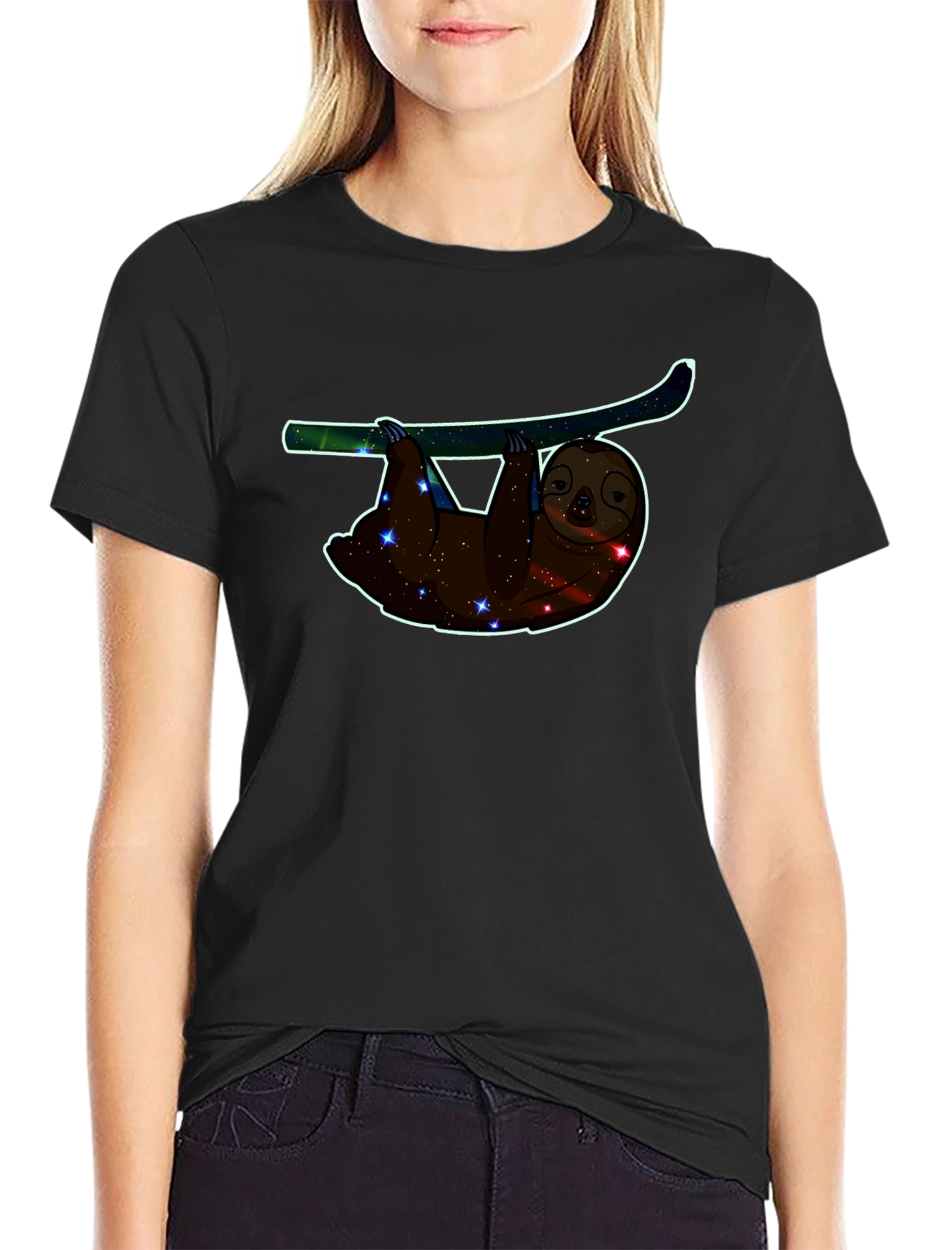 Cosmic Sloth Graphic Tee - Black Crew Neck