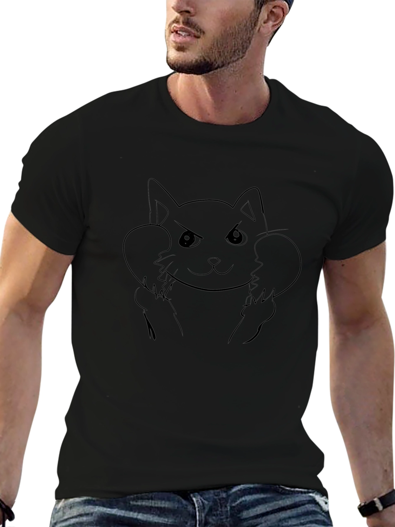 Angry Cat Line Art Black T-Shirt