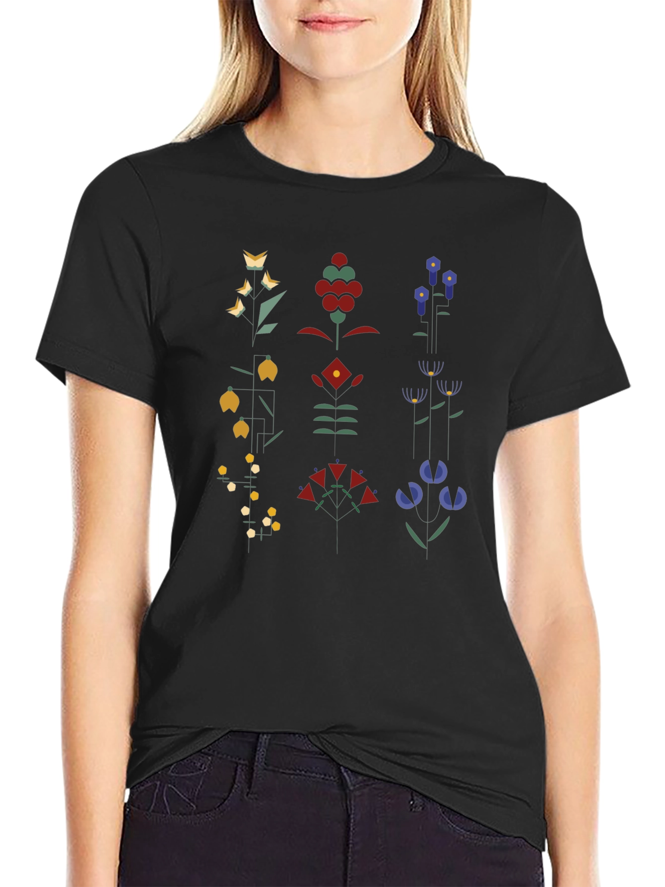 Geometric Floral Print Black T-Shirt
