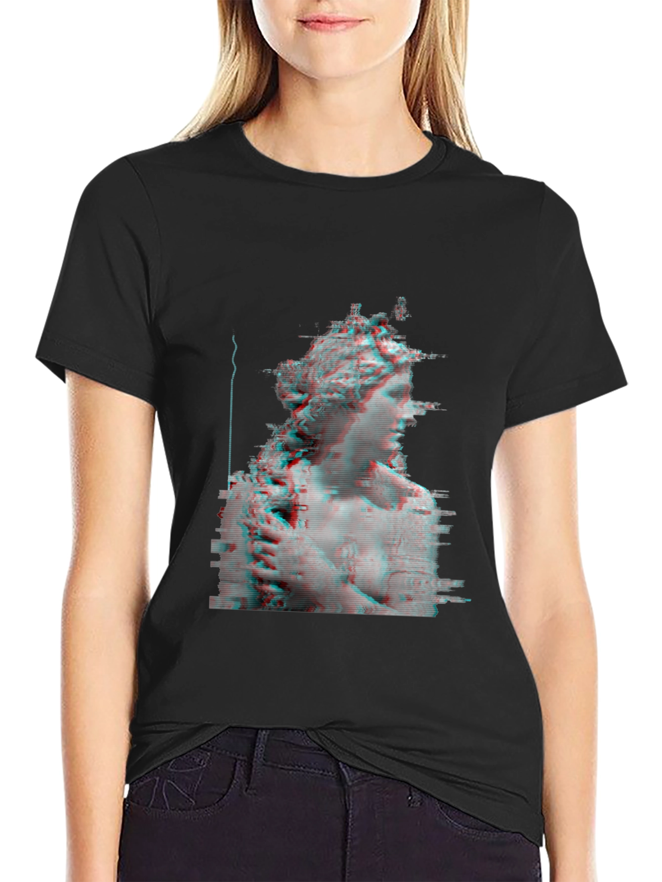 Glitch Art Statue Tee - Modern Black T-Shirt