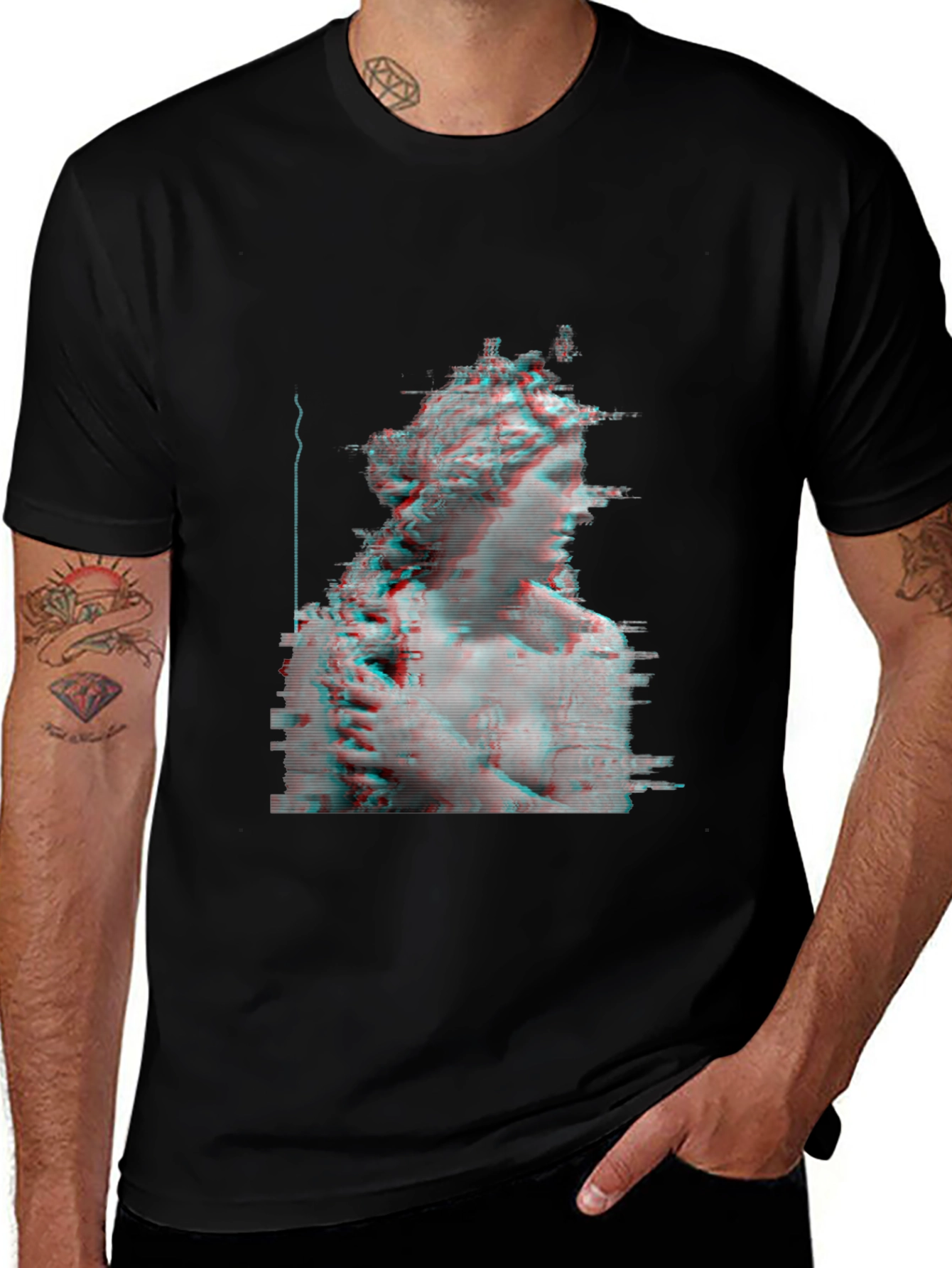 Glitch Art Statue Tee - Modern Black T-Shirt