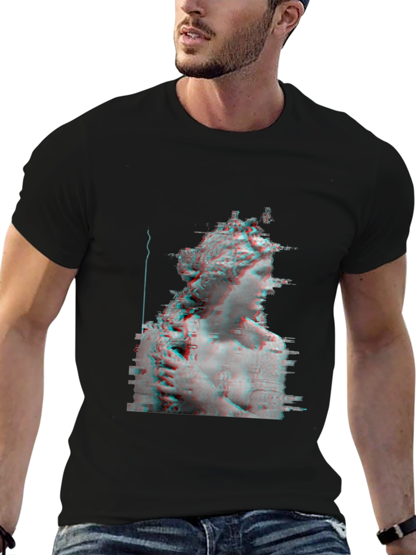 Glitch Art Statue Tee - Modern Black T-Shirt