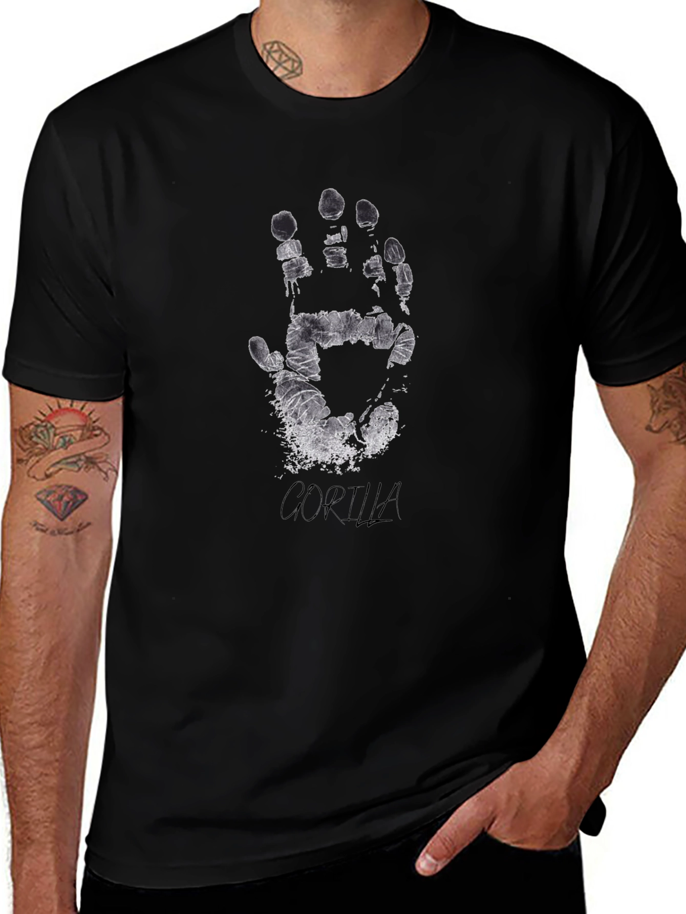 Grunge Handprint Graphic Tee - Black Cotton Casual Shirt