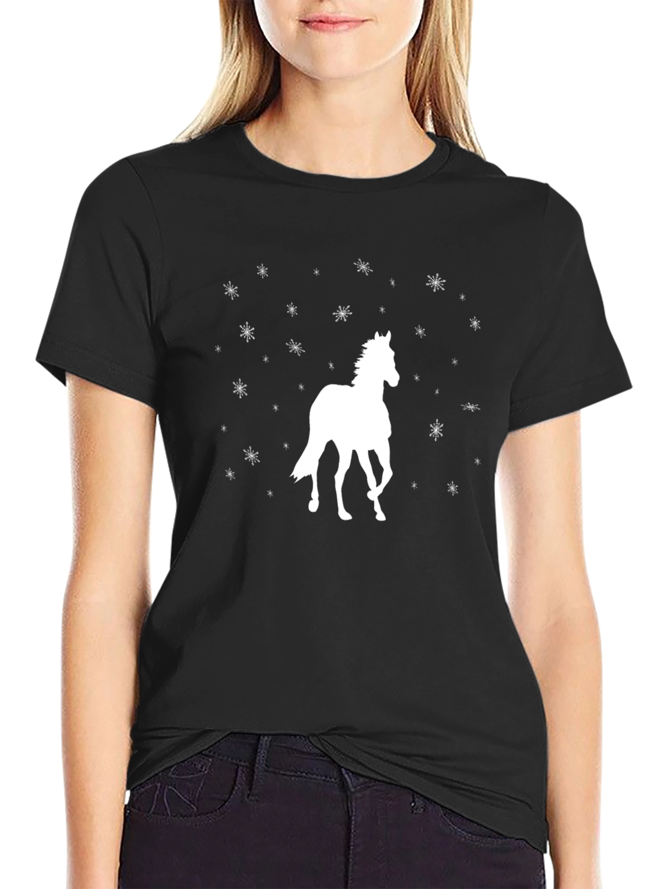 Black Horse & Snowflake Graphic T-Shirt