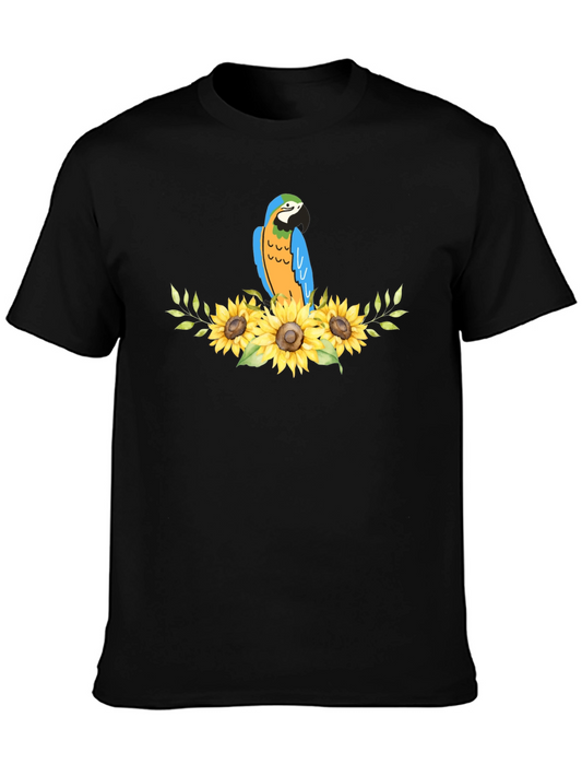 Parrot & Sunflower Graphic Black T-Shirt