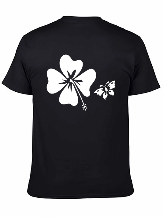 Black T-Shirt with Hibiscus and Butterfly Graphic