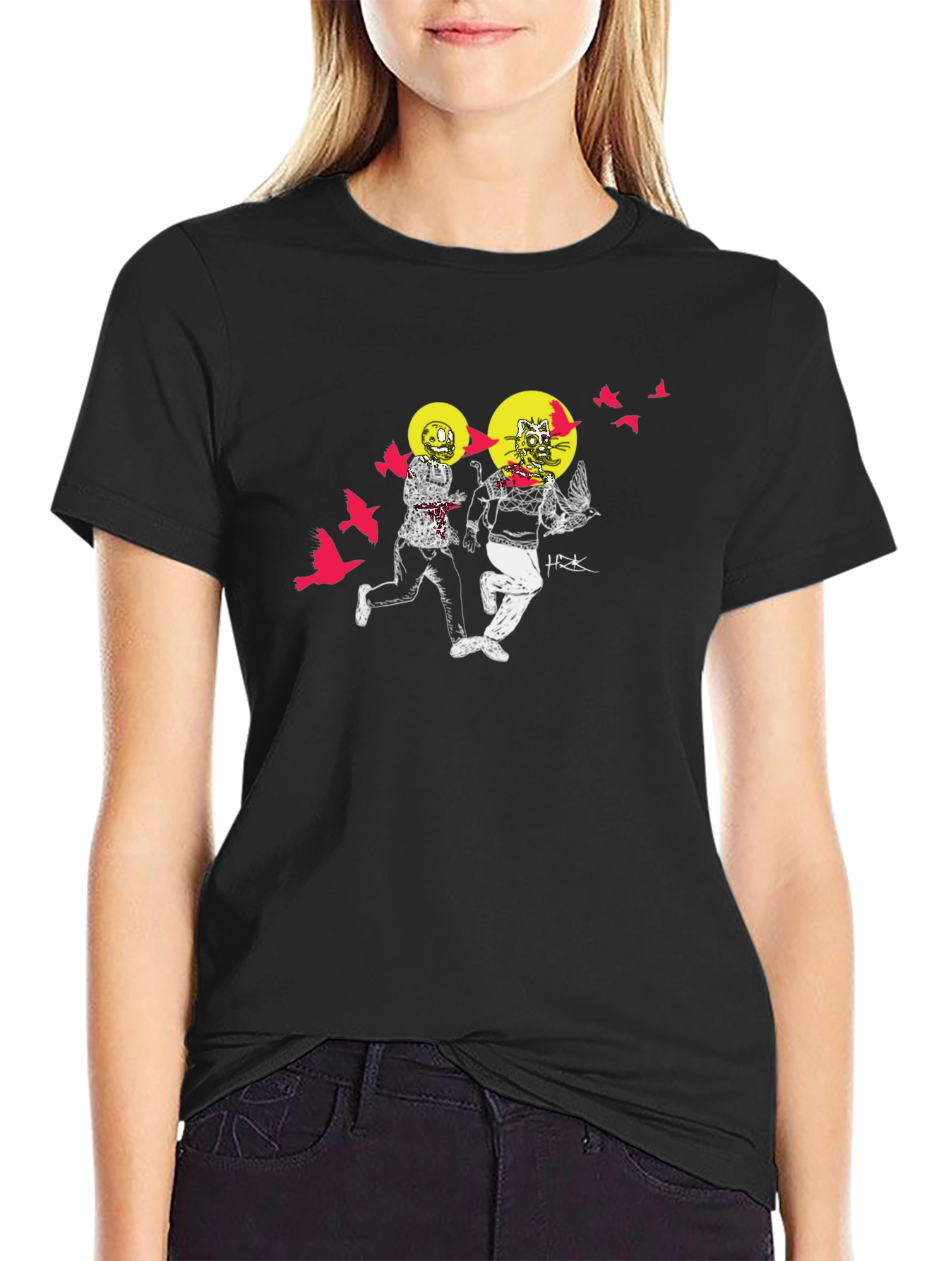 Illustrated Graphic Print Black Crew Neck T-Shirt