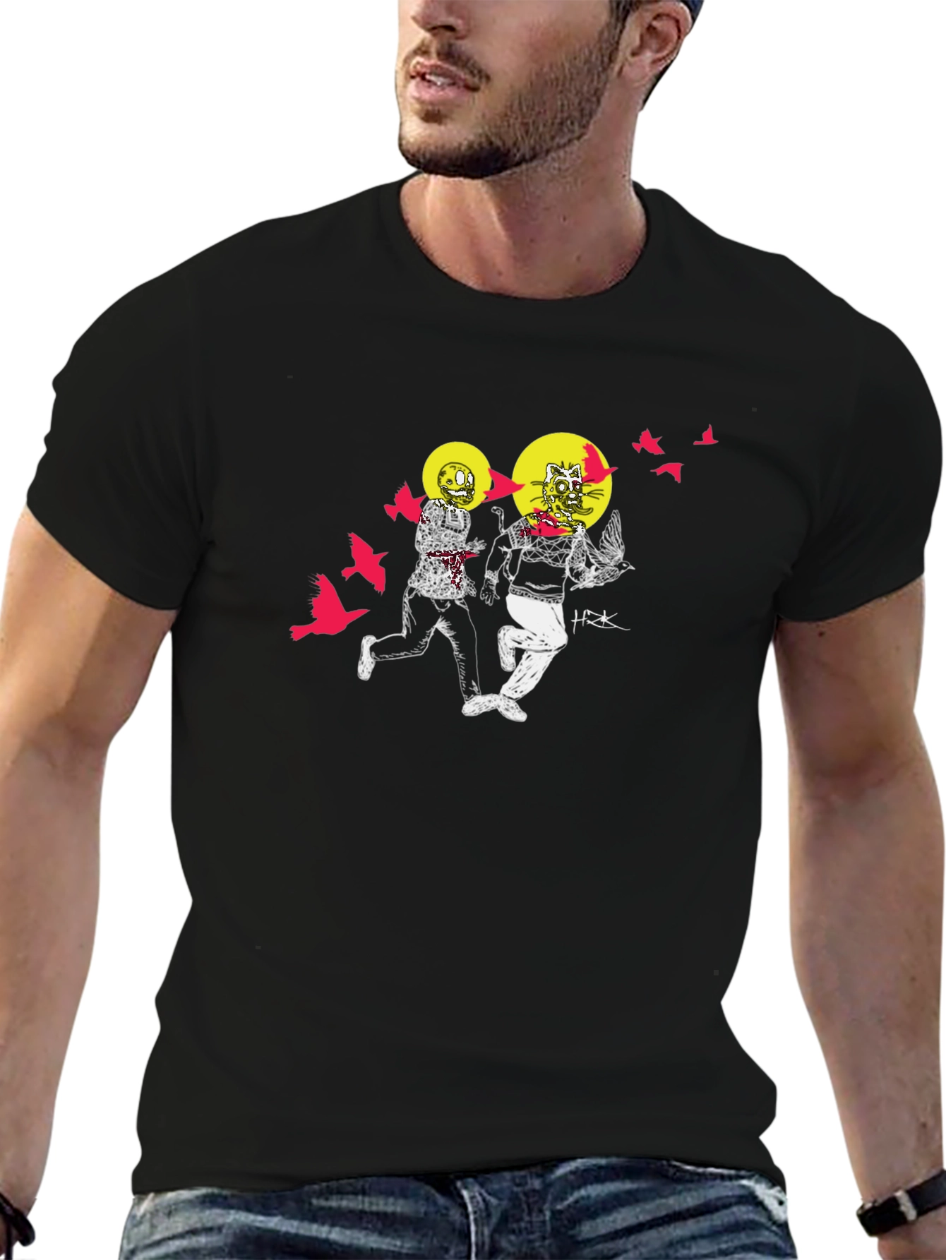 Illustrated Graphic Print Black Crew Neck T-Shirt