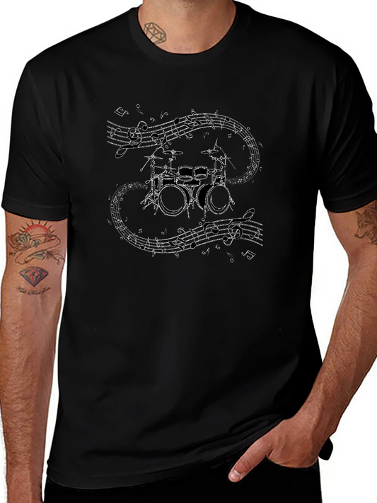 Drum Kit & Musical Notes Graphic Black T-Shirt