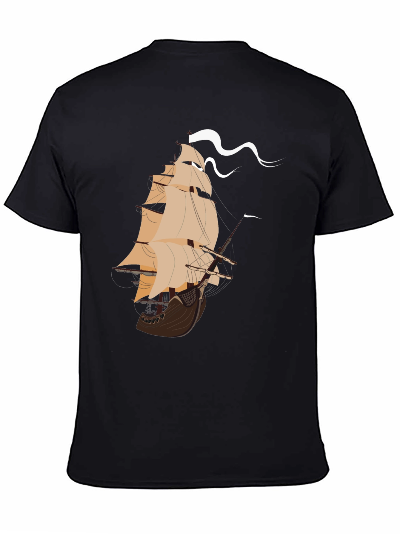 Nautical Ship Graphic Tee - Black Cotton T-Shirt