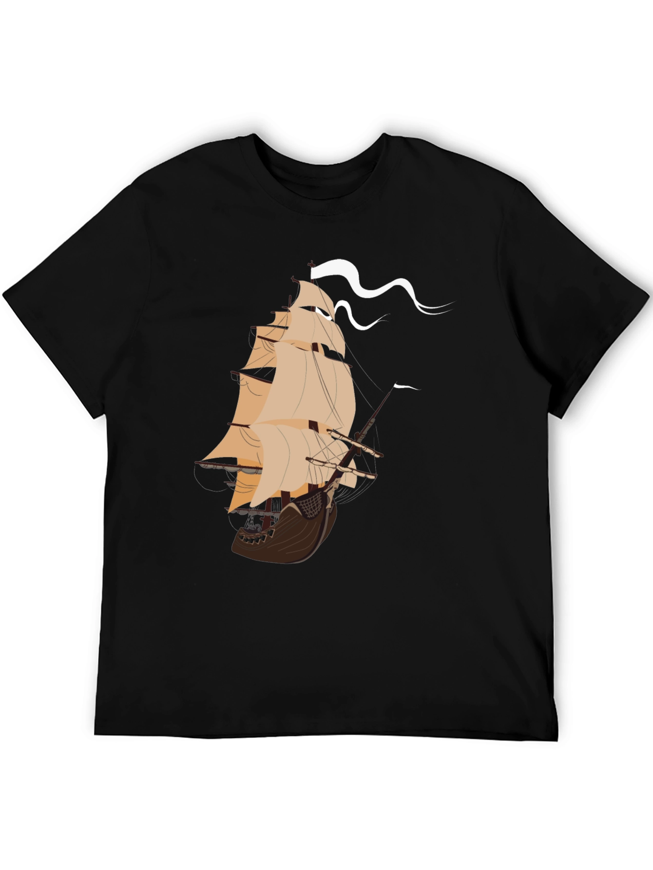 Nautical Ship Graphic Tee - Black Cotton T-Shirt