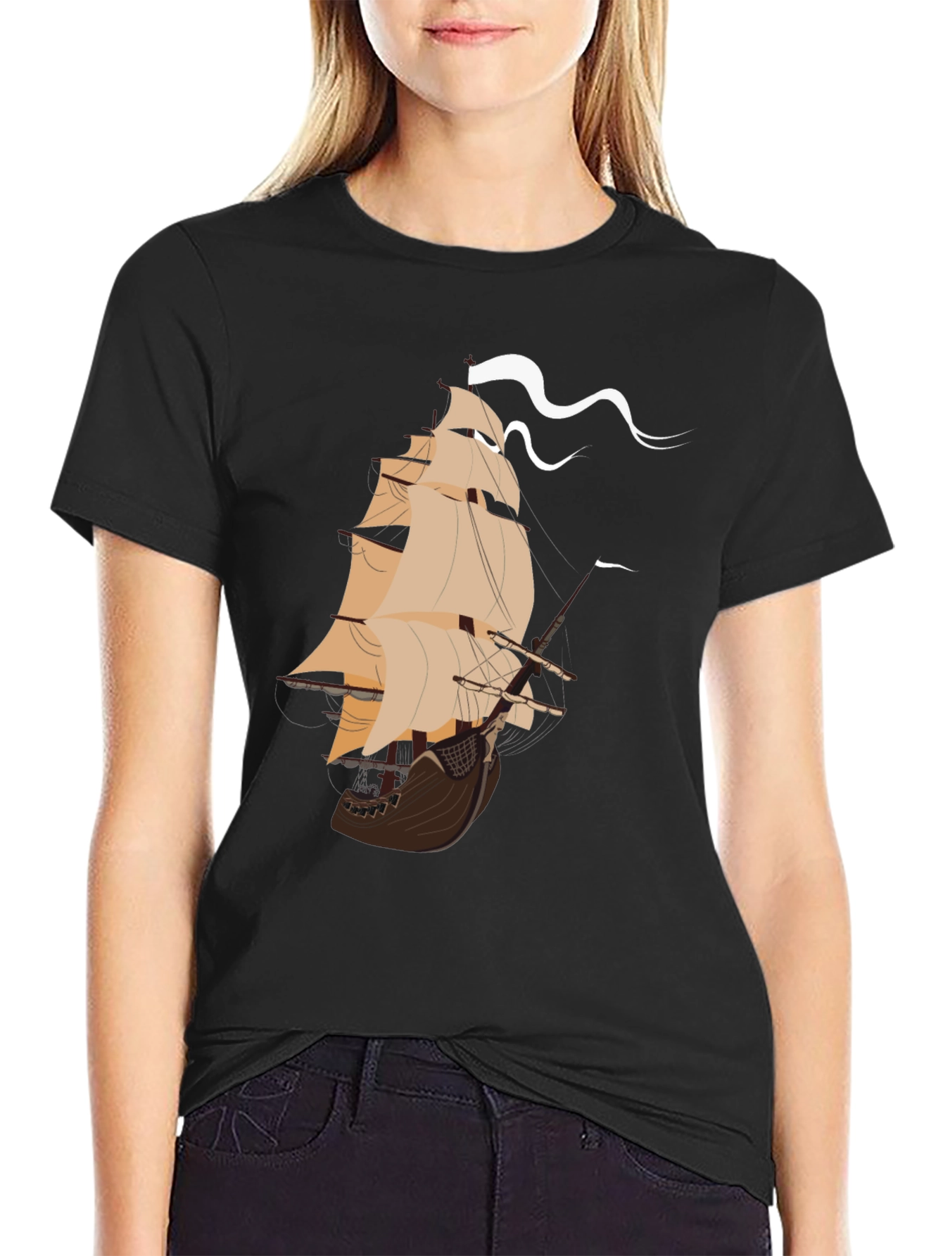 Nautical Ship Graphic Tee - Black Cotton T-Shirt