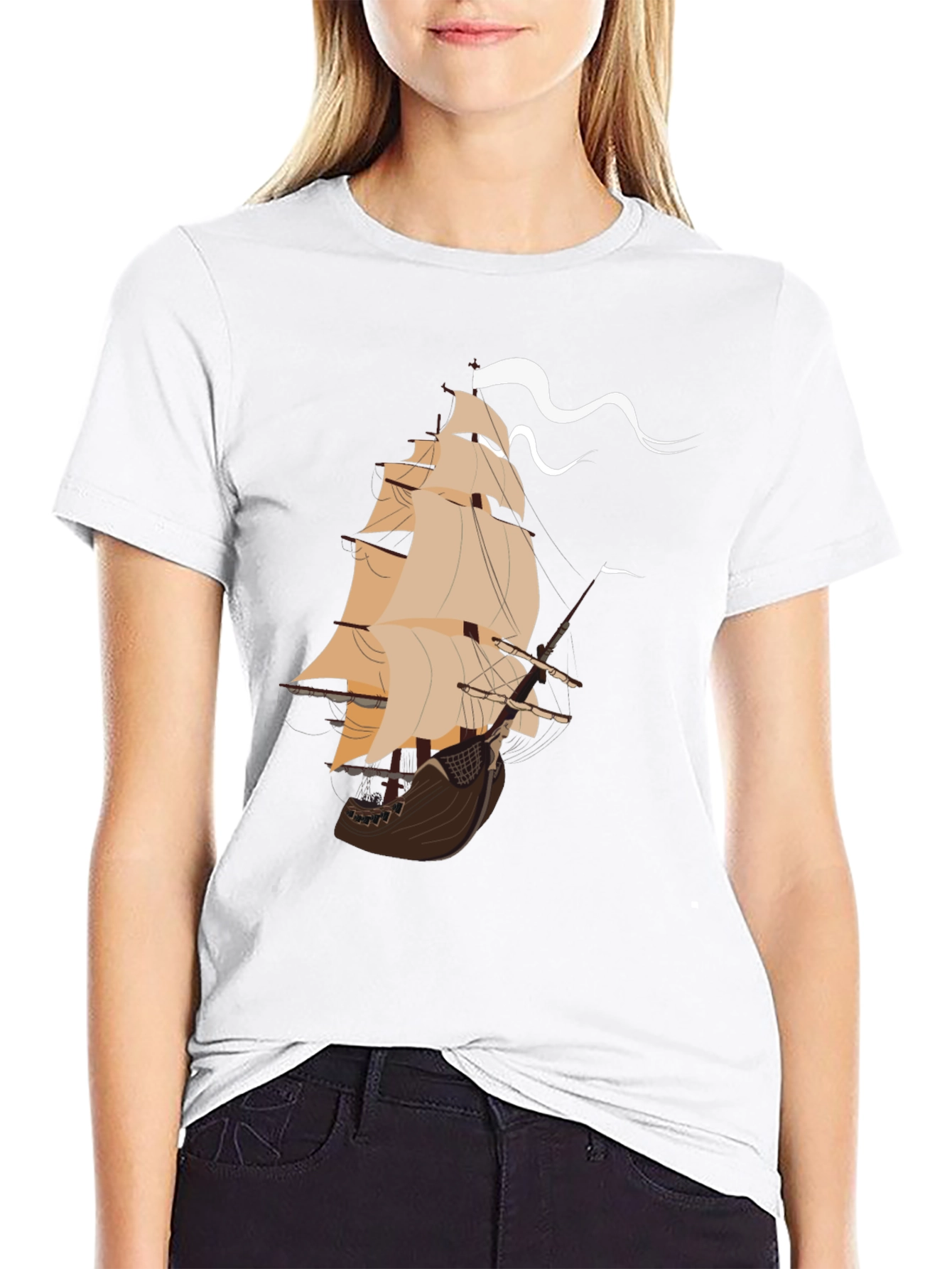 Nautical Ship Graphic Tee - Black Cotton T-Shirt