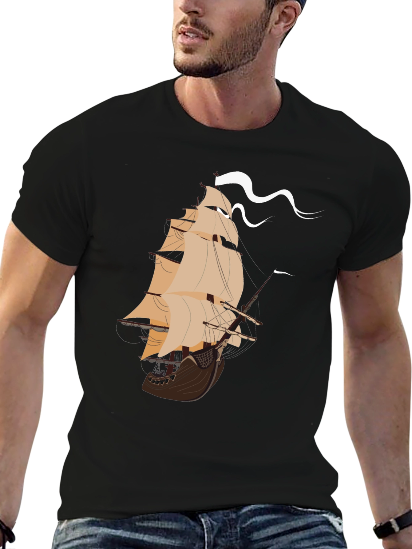 Nautical Ship Graphic Tee - Black Cotton T-Shirt