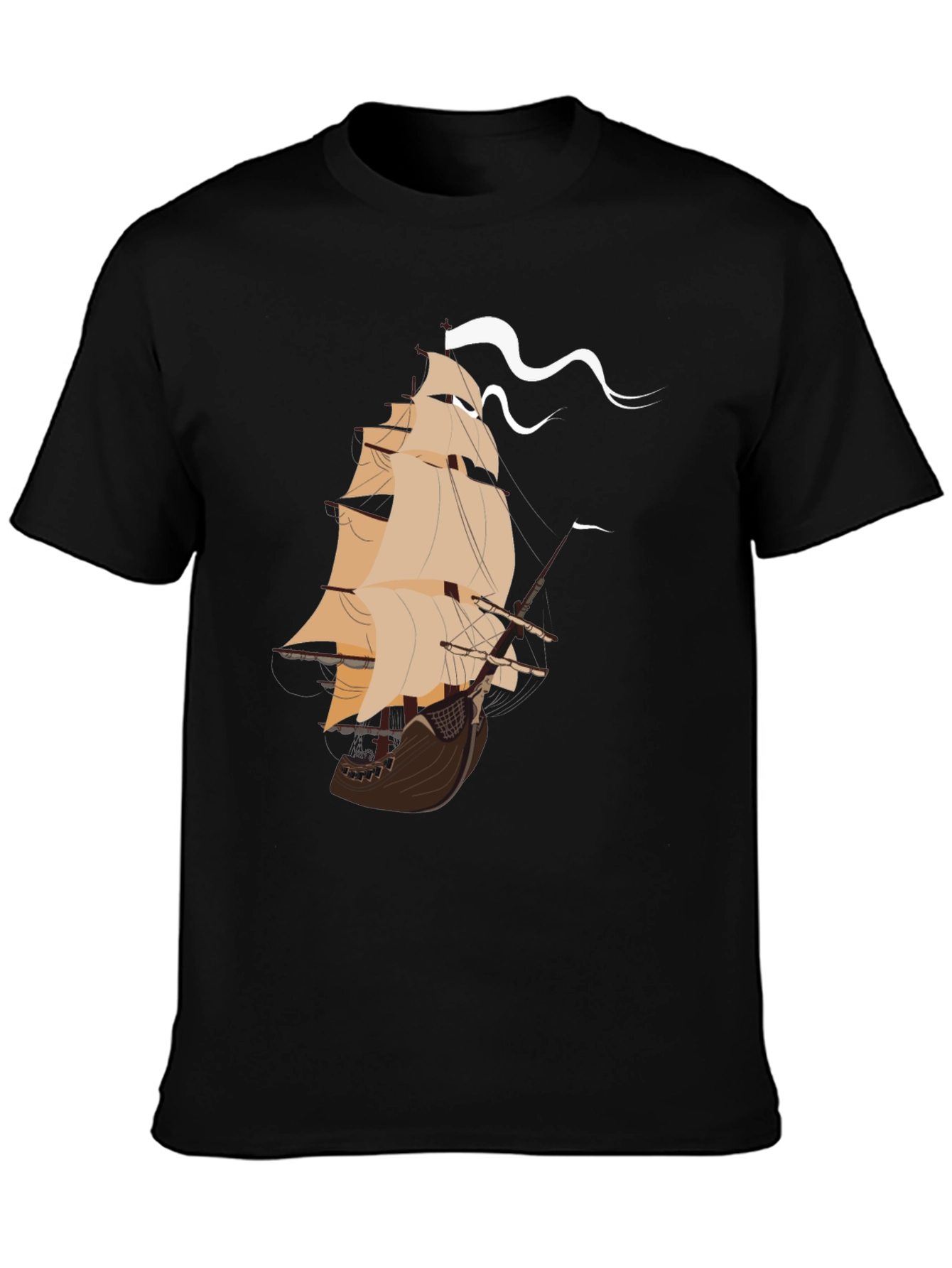 Nautical Ship Graphic Tee - Black Cotton T-Shirt