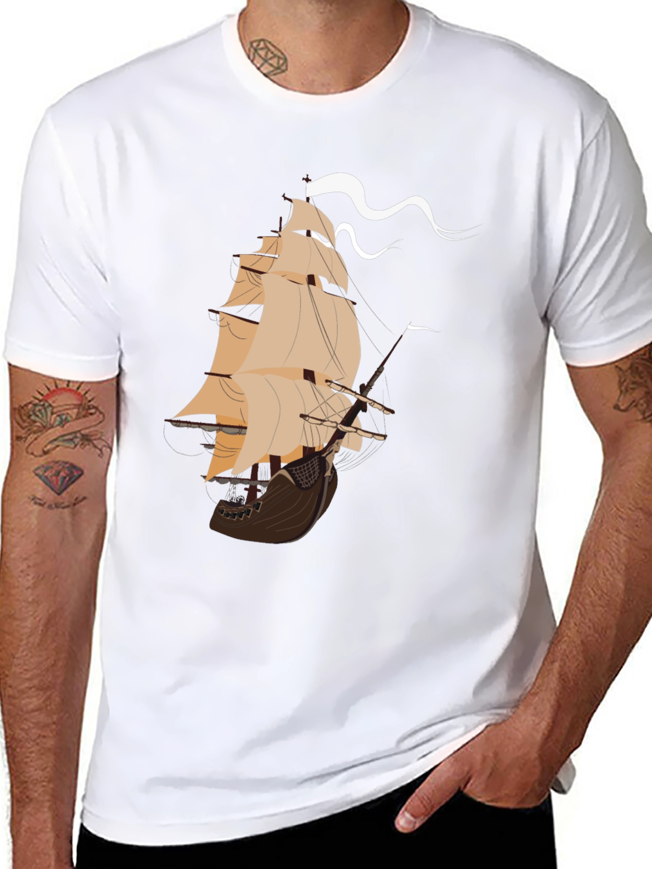Nautical Ship Graphic Tee - Black Cotton T-Shirt