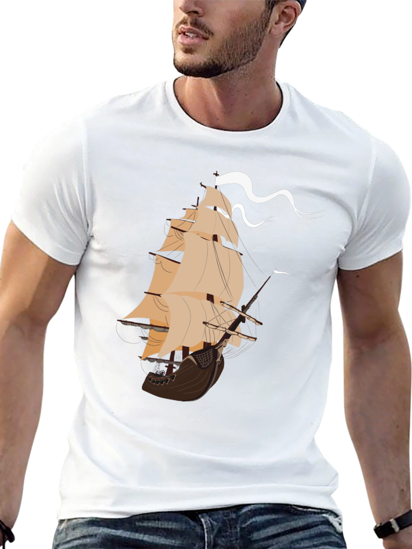 Nautical Ship Graphic Tee - Black Cotton T-Shirt