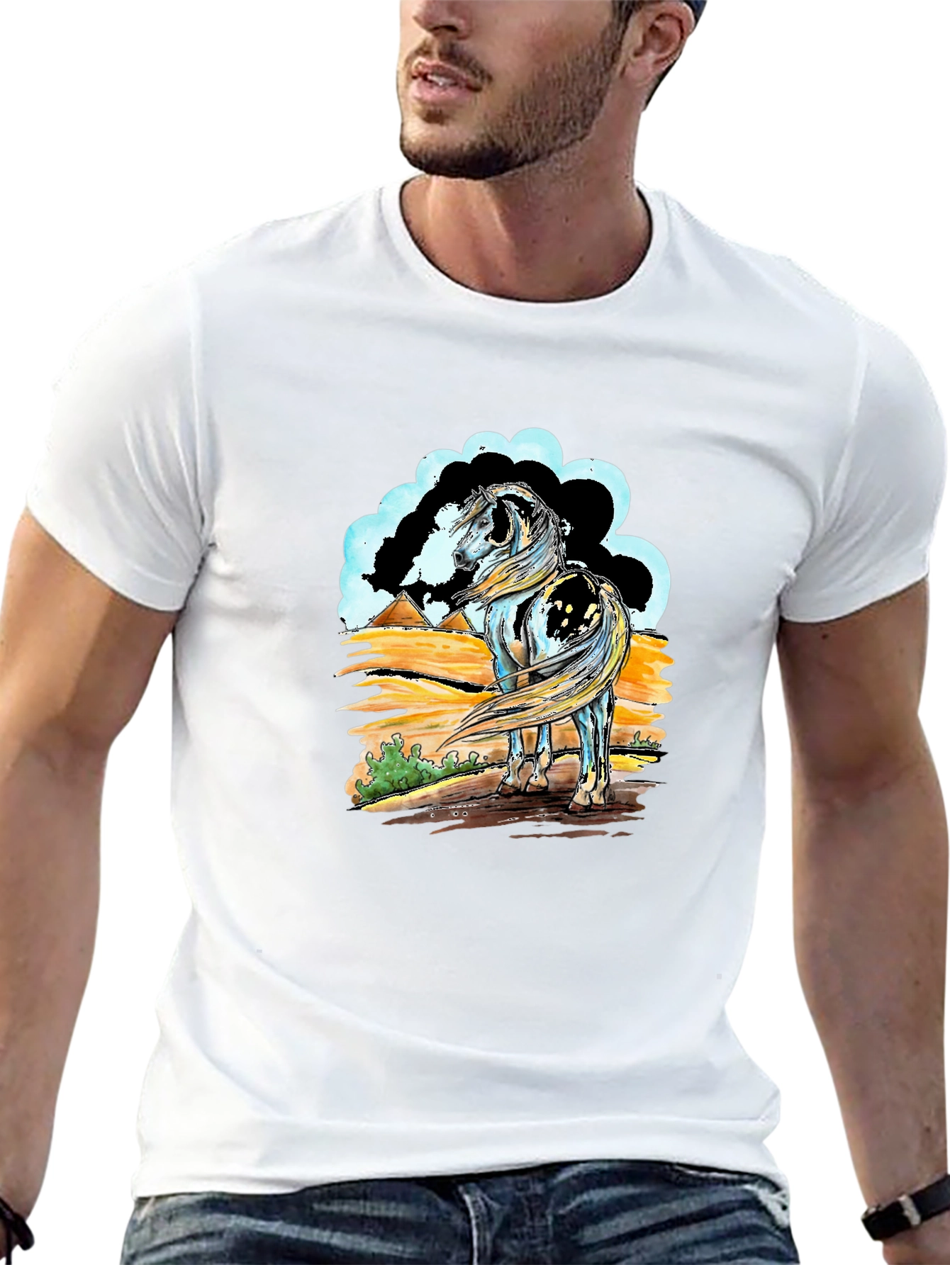 Horse Graphic Tee - Black Cotton Shirt
