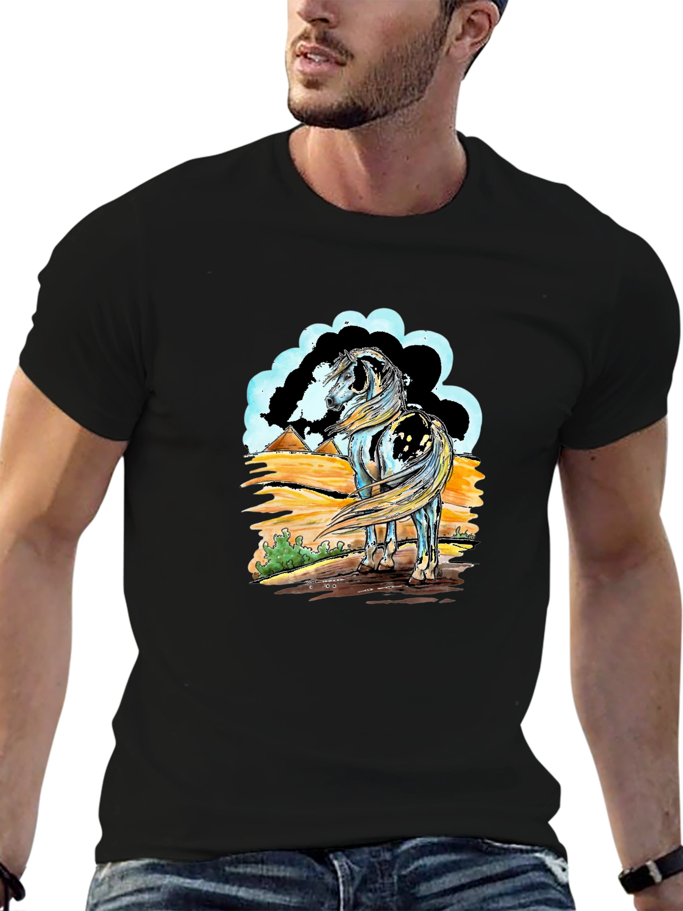 Horse Graphic Tee - Black Cotton Shirt