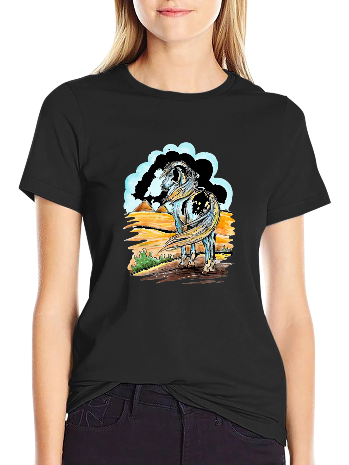 Horse Graphic Tee - Black Cotton Shirt