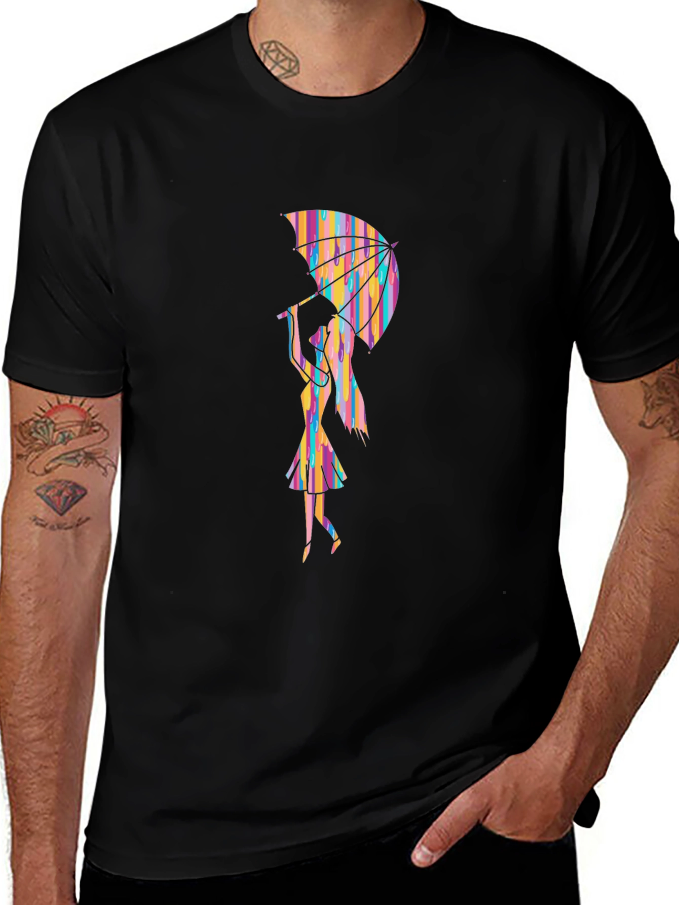 Rainbow Umbrella Graphic Tee - Stylish Black T-Shirt