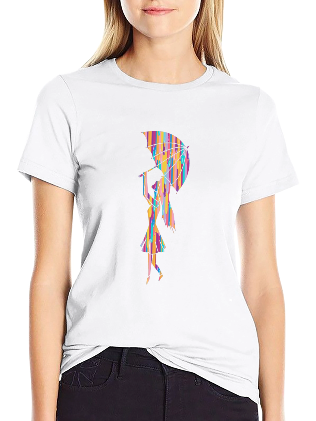 Rainbow Umbrella Graphic Tee - Stylish Black T-Shirt