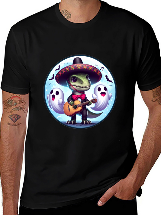 Dino Fiesta T-Shirt: Guitar Playing Dinosaur with Ghosts