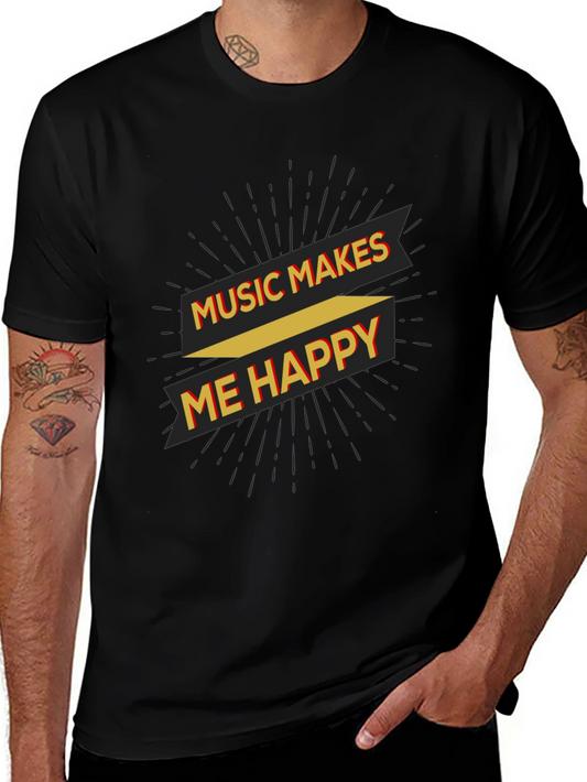 Music Makes Me Happy Graphic Tee - Black Cotton T-Shirt